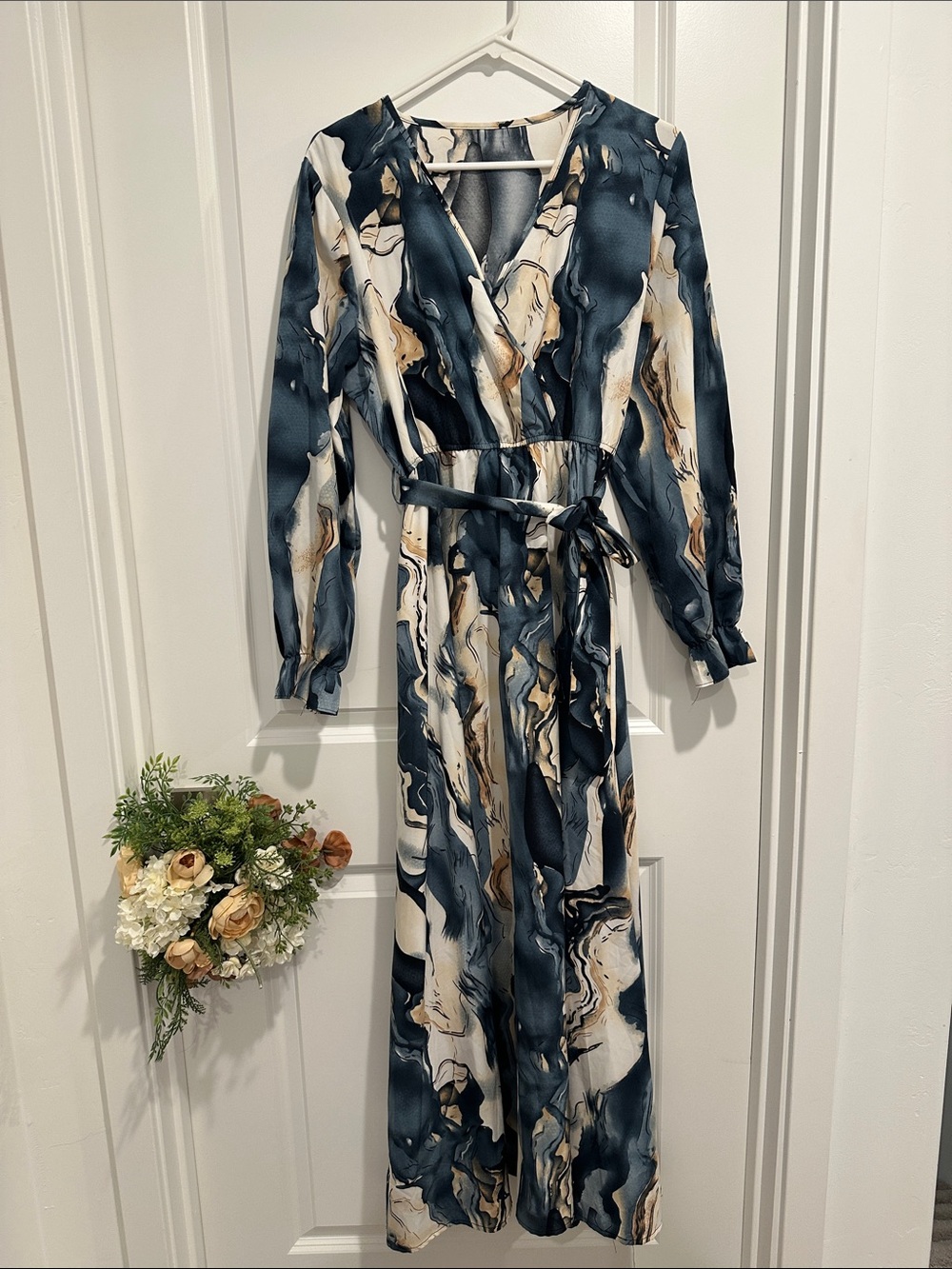 Blue & Cream Abstract Marble Wrap Maxi Dress
